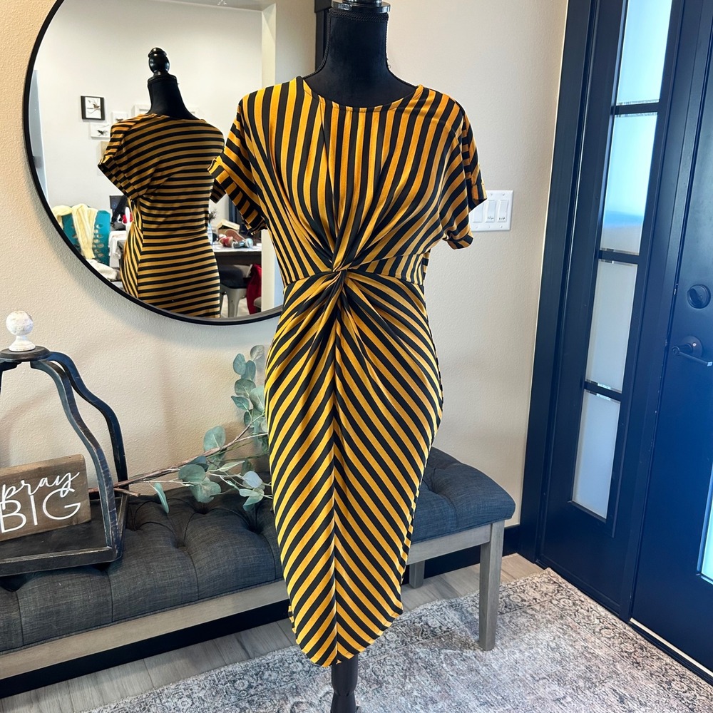 Haute Monde Mustard Yellow Black Striped Twist Front Midi Dress HMD10783-ST M